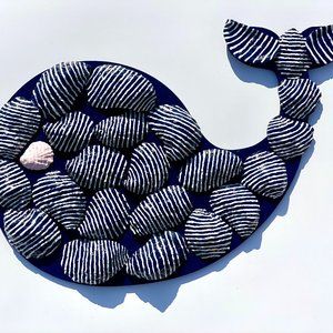 Preppy Hand Painted Navy with White Pinstripes Whale Oyster Shells